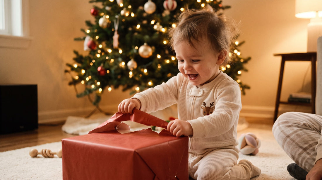 Child building a fort with large foam blocks at Christmas