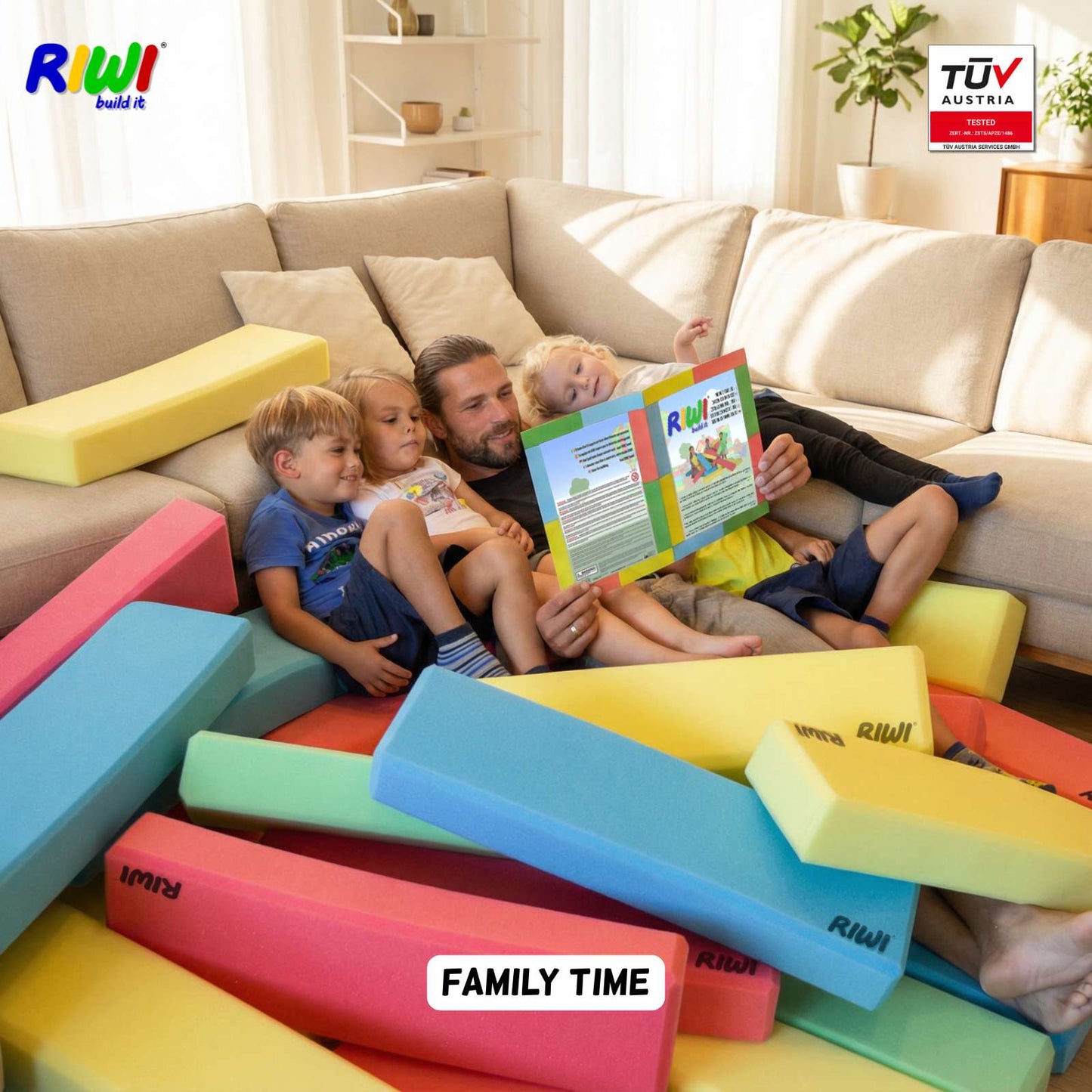 Family reading the RIWI manual together with colorful foam blocks around them in a living room.