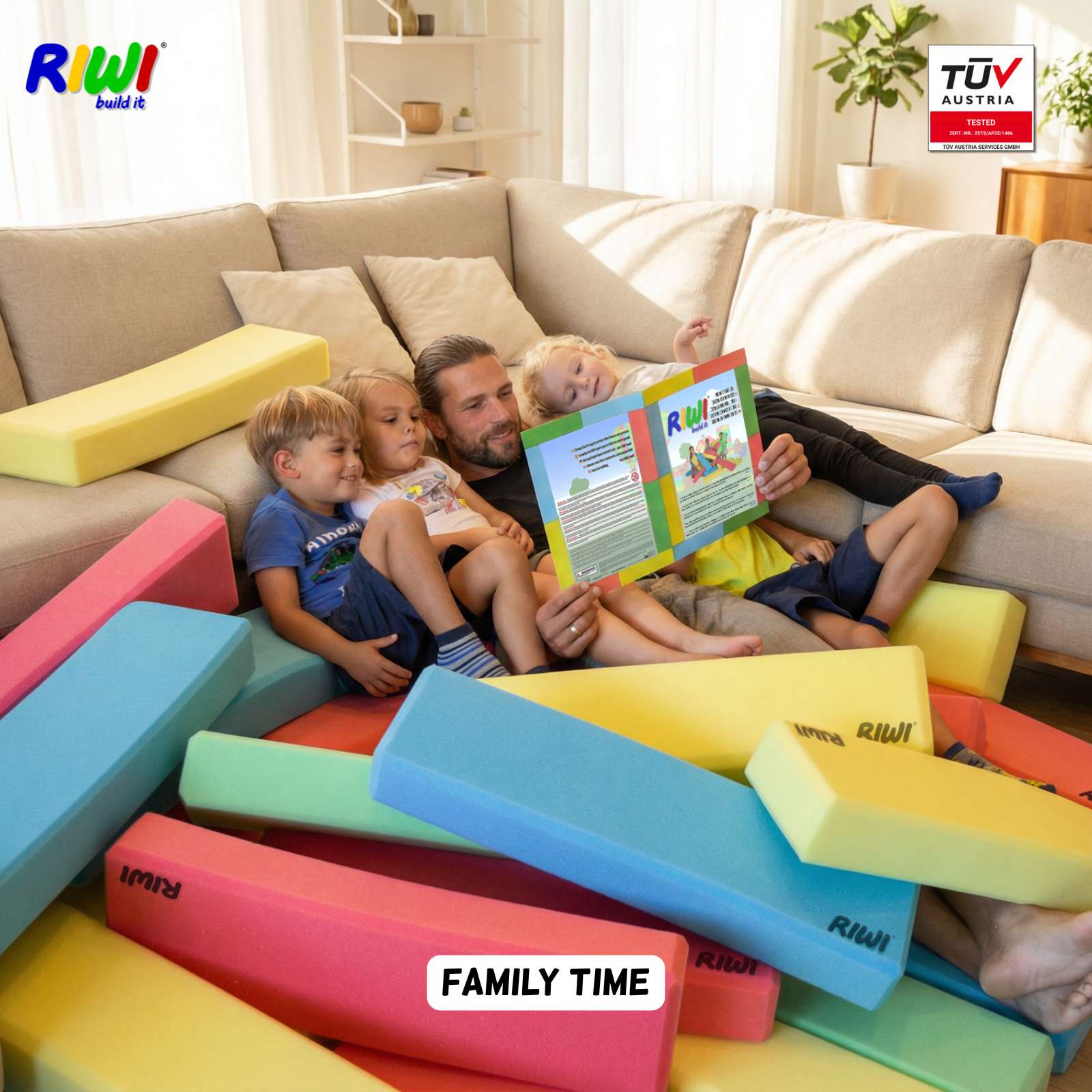 Family reading the RIWI manual together with colorful foam blocks around them in a living room.