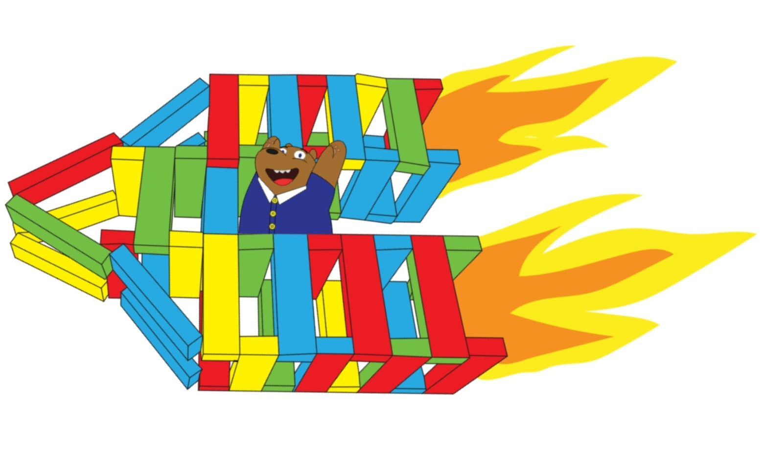 Colorful RIWI buildit toy structure with a bear figure on top, surrounded by flames.