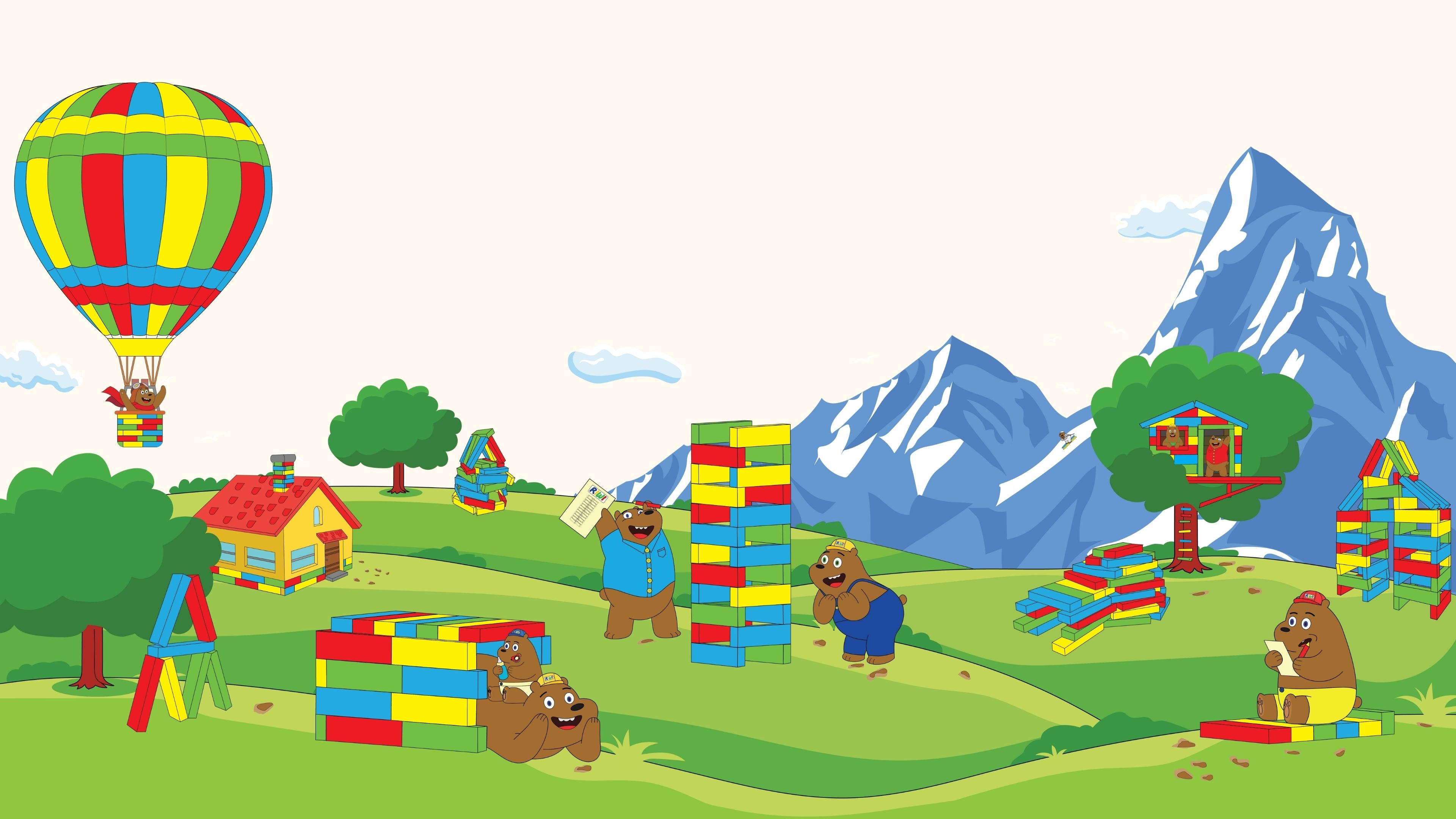 RIWI buildit Colorful scene with teddy bears playing with building blocks, a hot air balloon, and mountains in the background.