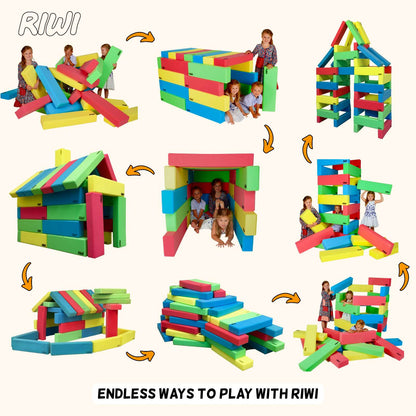 Colorful RIWI building blocks with children playing and various structures made with them, featuring the RIWI brand.