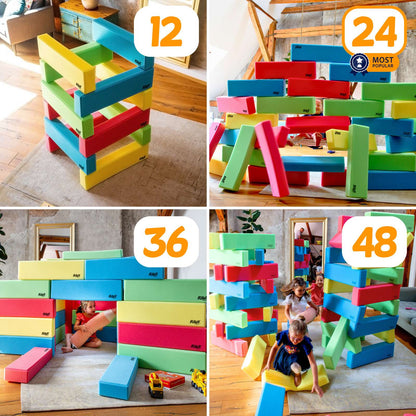 Collage of colorful building blocks in different quantities with children playing.