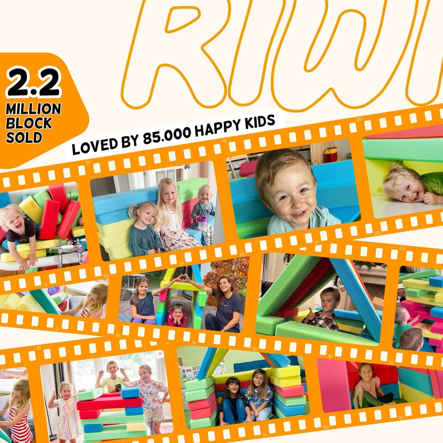 Children playing with colorful RIWI blocks, surrounded by text about 2.2 Million sold blocks and happy kids.