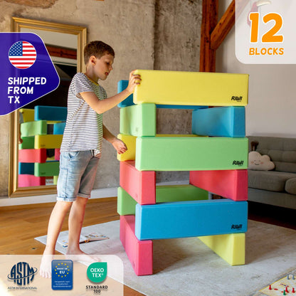 Child playing with colorful building blocks in a living room, with 'Shipped from TX' and '12 Blocks' text.