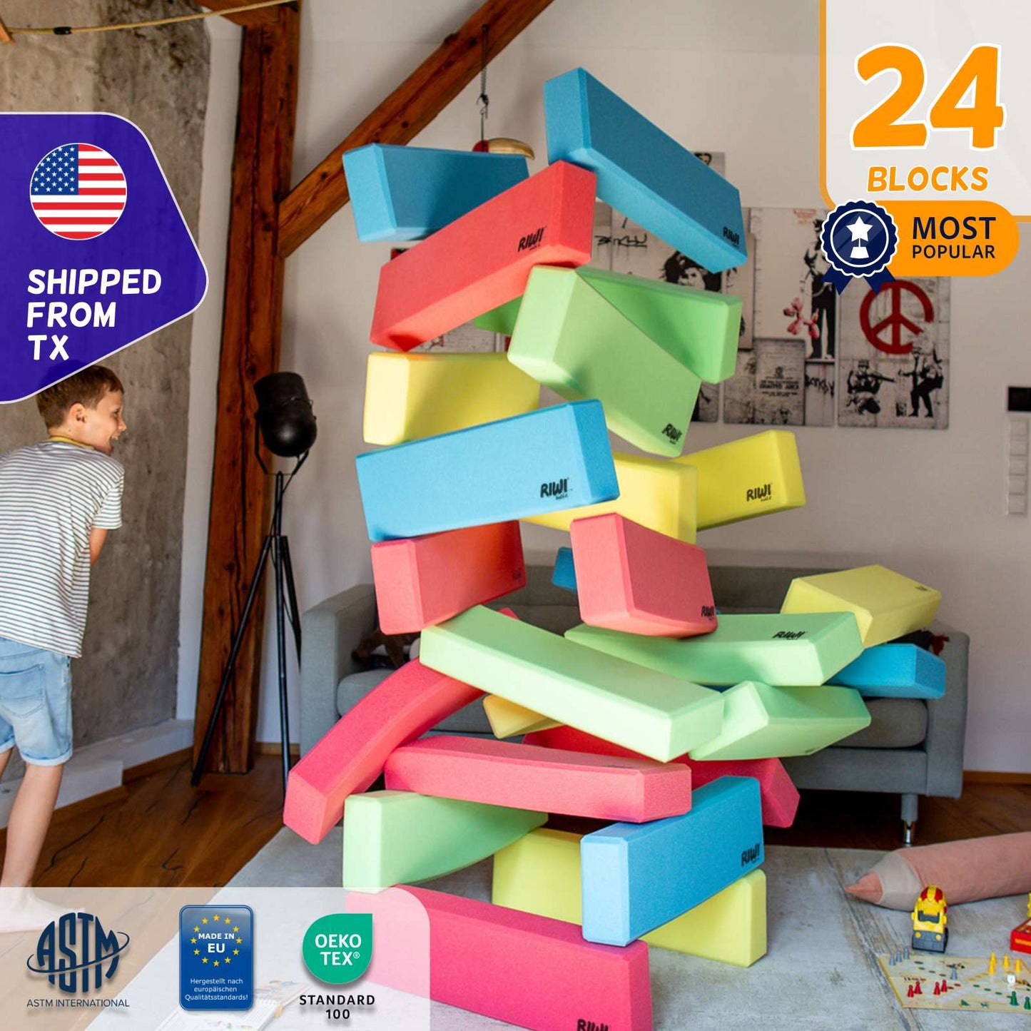 Colorful foam blocks tower in a living room with a child watching.