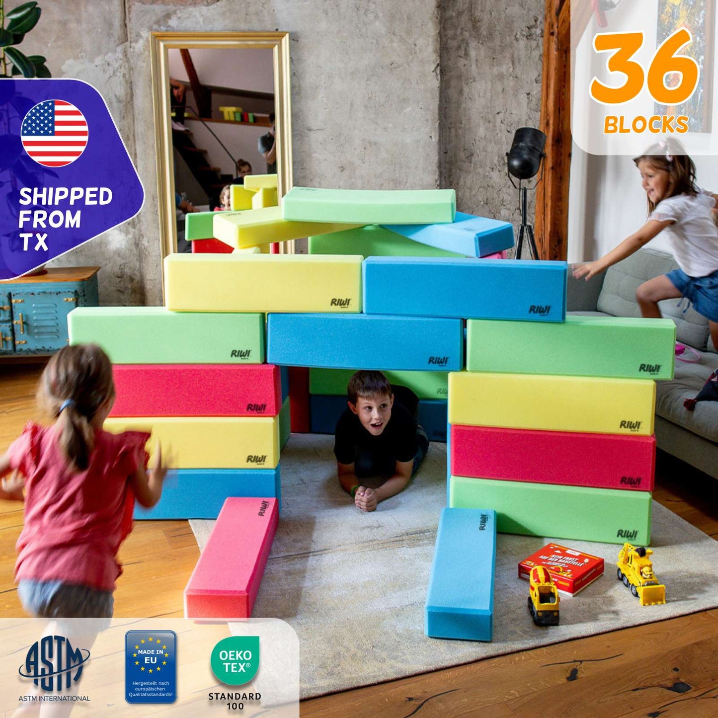Children playing with colorful building blocks in a room, with '36 Blocks' and 'Shipped from TX' text visible.
