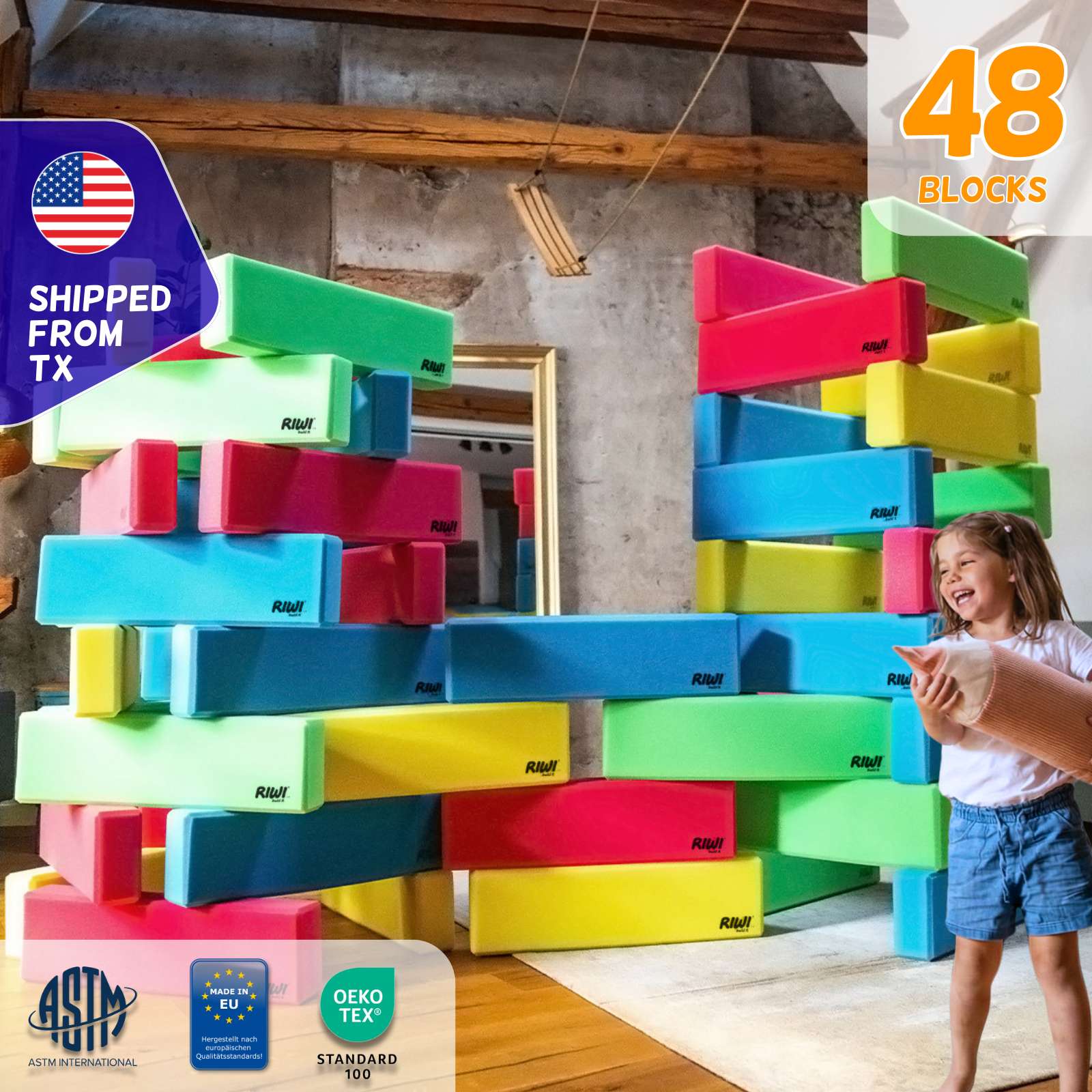 Colorful building blocks set with a child and adult in a room, labeled '48 Blocks' and 'Shipped from TX'.