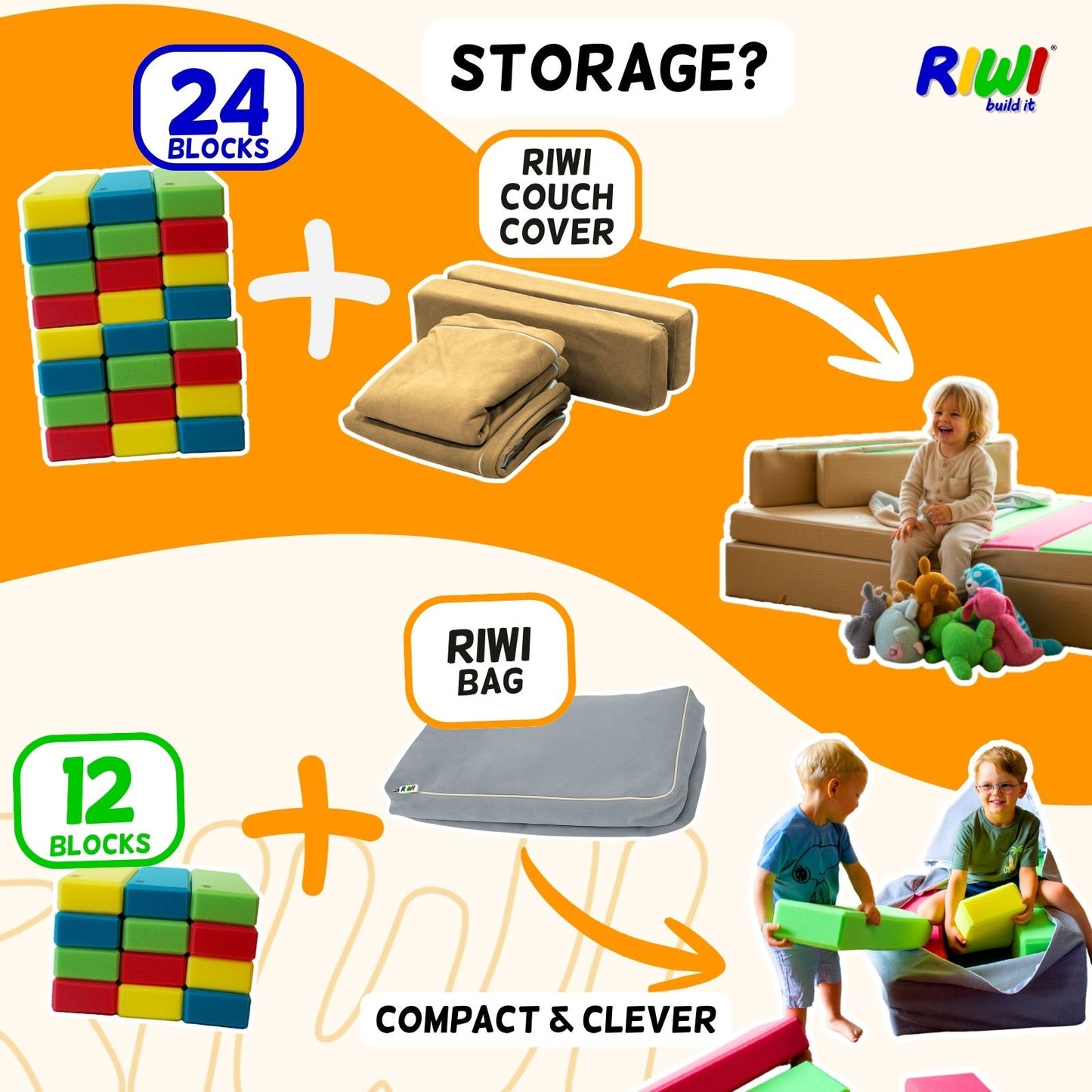 Promotional graphic for RIWI building blocks and storage solutions with colorful text and images. RIWI blocks
