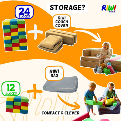 Promotional graphic for RIWI building blocks and storage solutions with colorful text and images. RIWI blocks